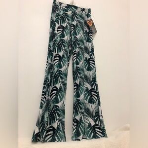 Iman palazzo pant in green tropical leaf with elastic waist-new